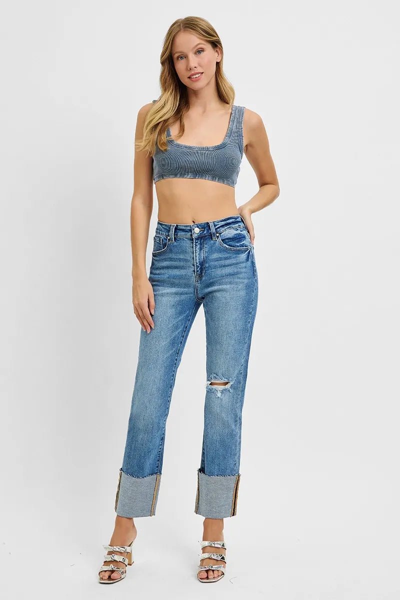 RISEN Plus Size High Rise Ankle Straight Wide Cuffed Jeans - AMVIM