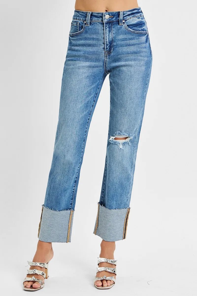 RISEN Plus Size High Rise Ankle Straight Wide Cuffed Jeans - AMVIM