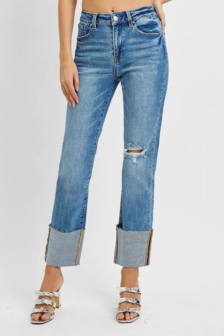 RISEN Plus Size High Rise Ankle Straight Wide Cuffed Jeans - AMVIM