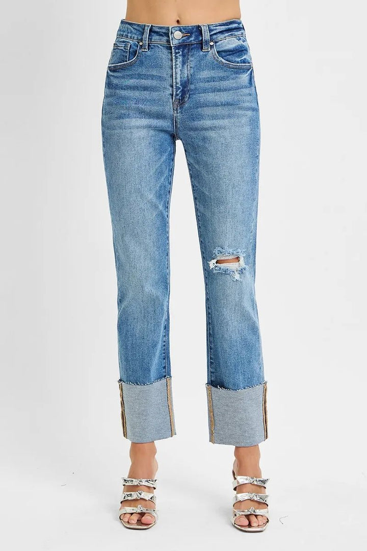 RISEN Plus Size High Rise Ankle Straight Wide Cuffed Jeans - AMVIM