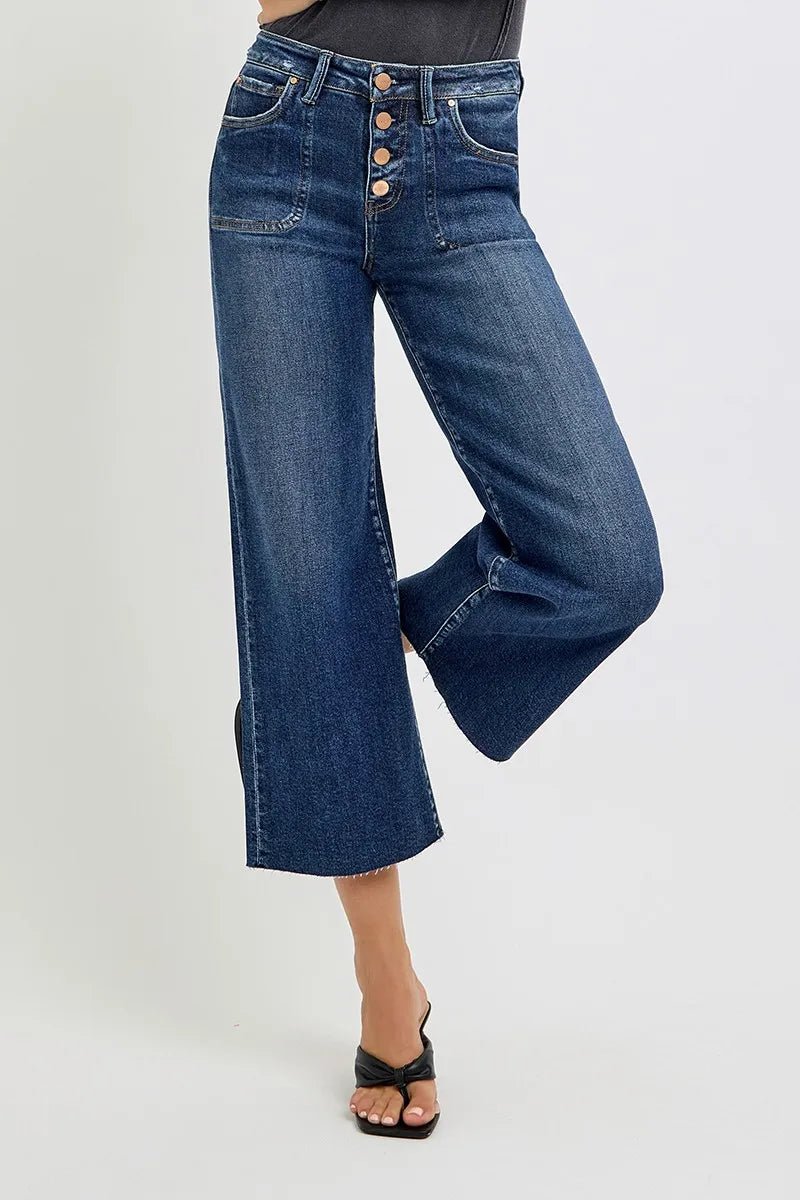 RISEN Plus Size High Rise Crop Wide Button Up Jeans - AMVIM