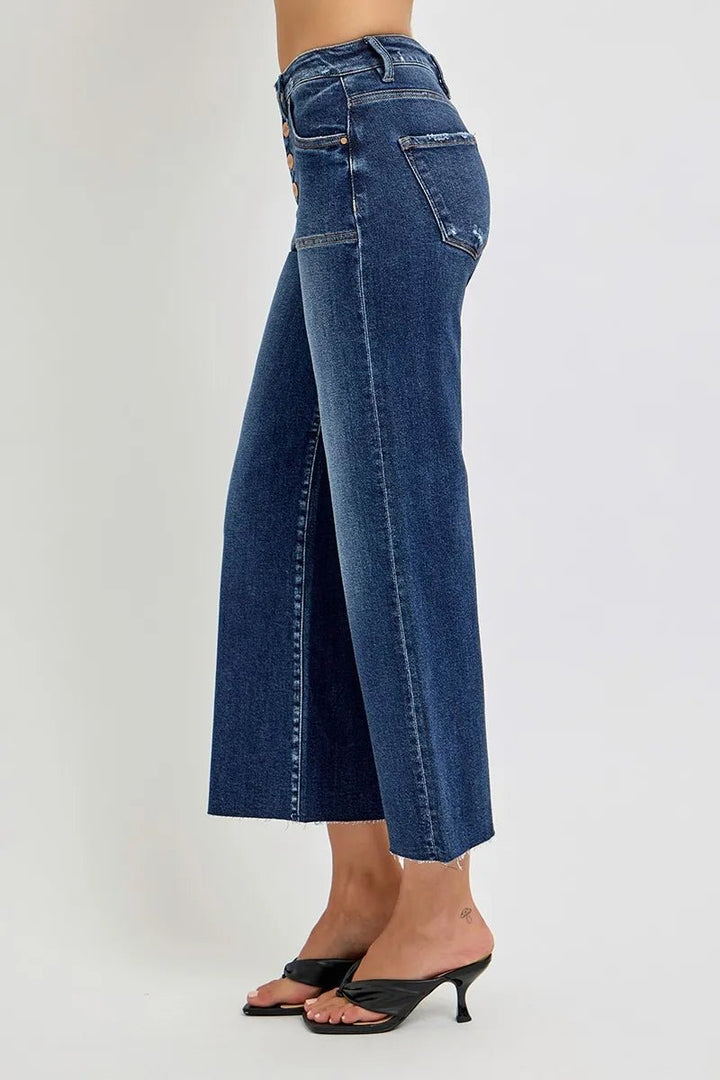 RISEN Plus Size High Rise Crop Wide Button Up Jeans - AMVIM