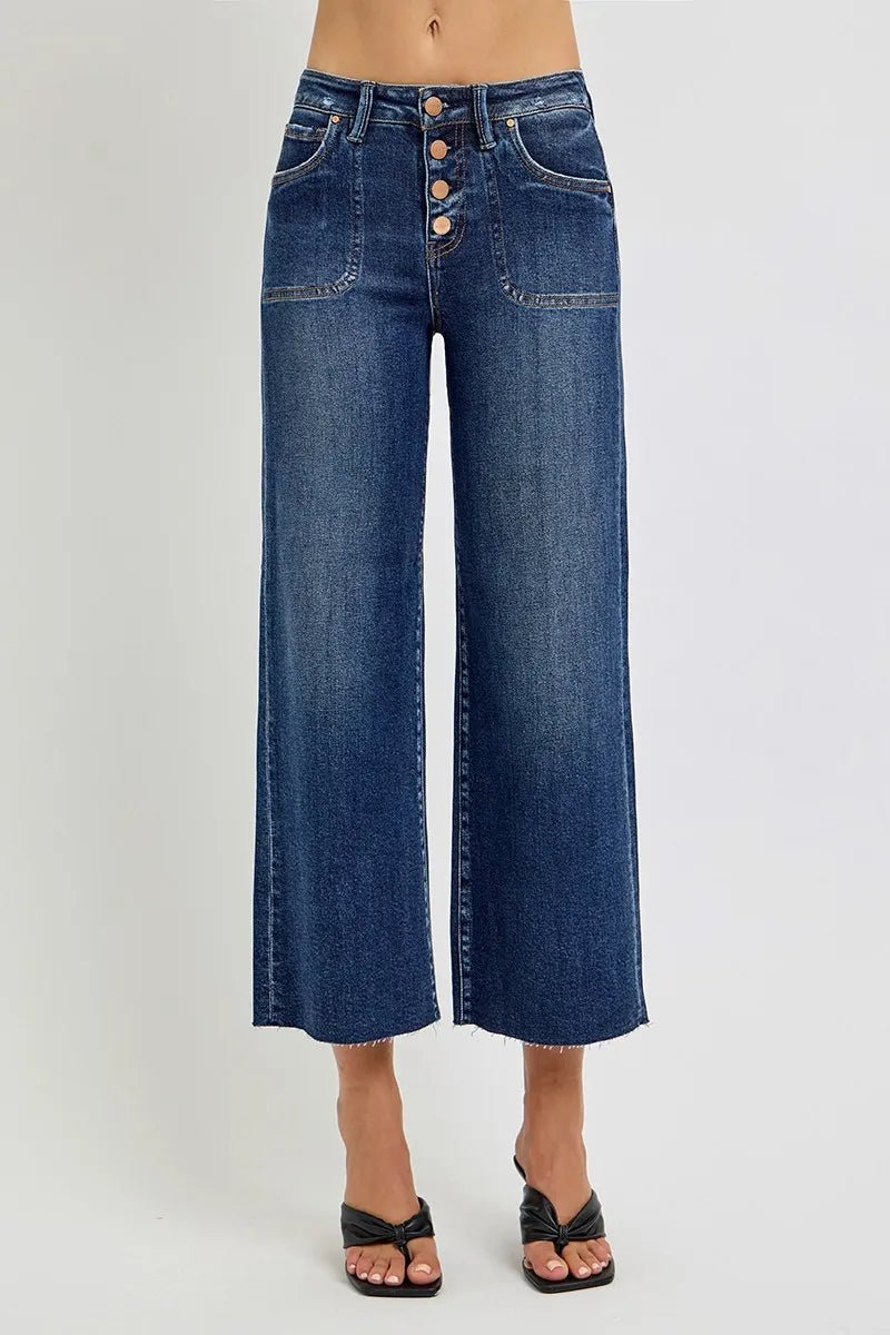 RISEN Plus Size High Rise Crop Wide Button Up Jeans - AMVIM