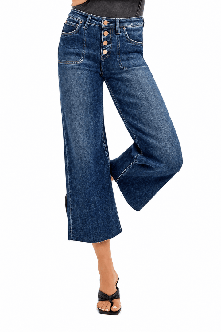 RISEN Plus Size High Rise Crop Wide Button Up Jeans - AMVIM