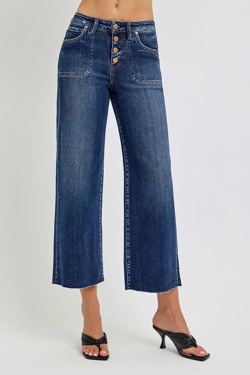 RISEN Plus Size High Rise Crop Wide Button Up Jeans - AMVIM