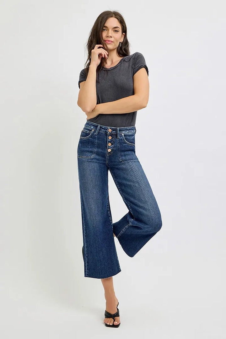 RISEN Plus Size High Rise Crop Wide Button Up Jeans - AMVIM