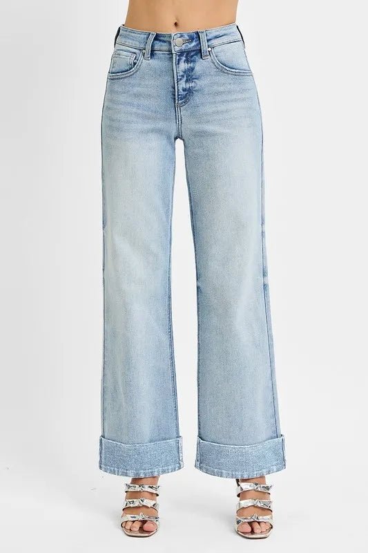 RISEN Plus Size High Rise Tummy Control Ankle Wide Cuffed Jeans - AMVIM