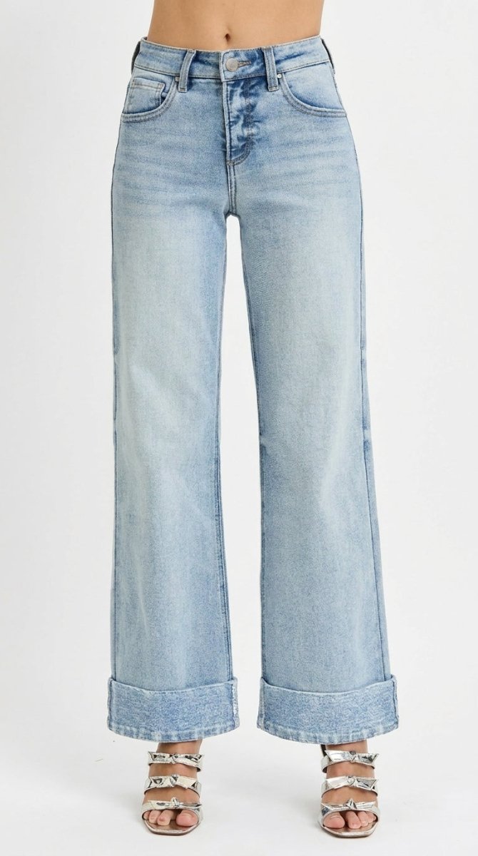 RISEN Plus Size High Rise Tummy Control Ankle Wide Cuffed Jeans - AMVIM