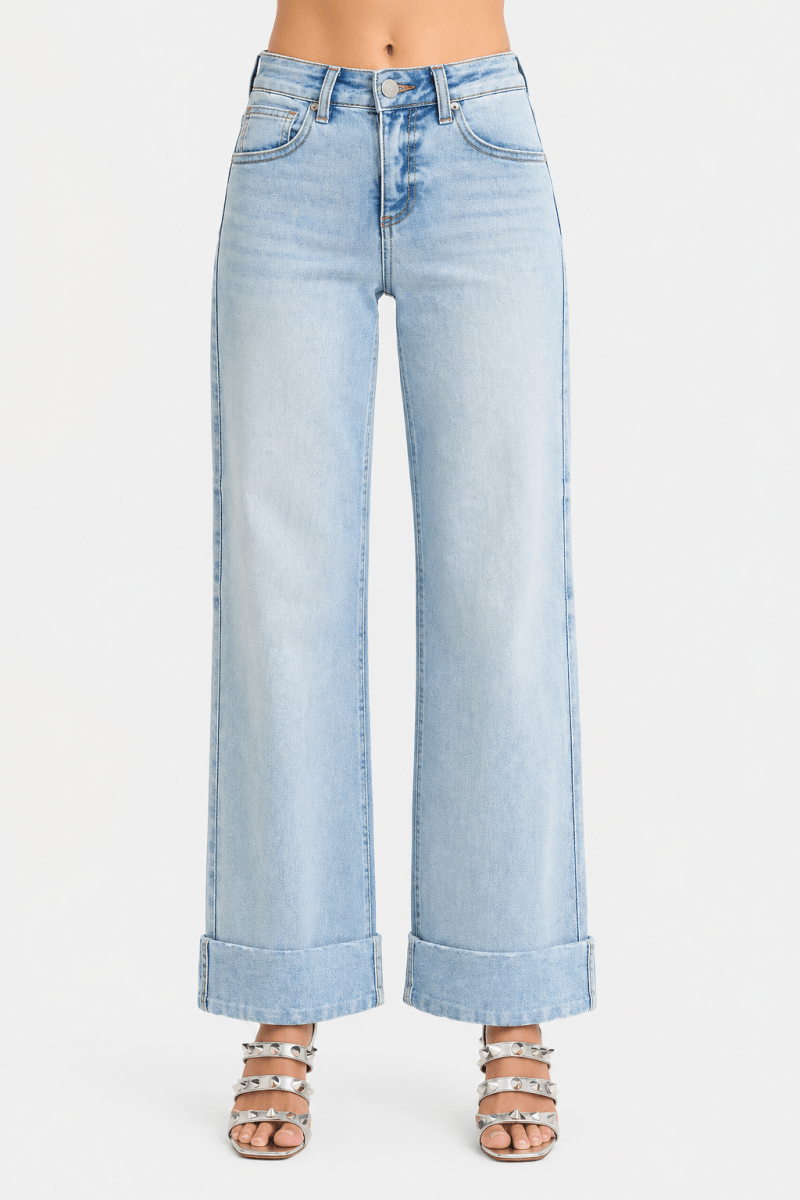 RISEN Plus Size High Rise Tummy Control Ankle Wide Cuffed Jeans - AMVIM