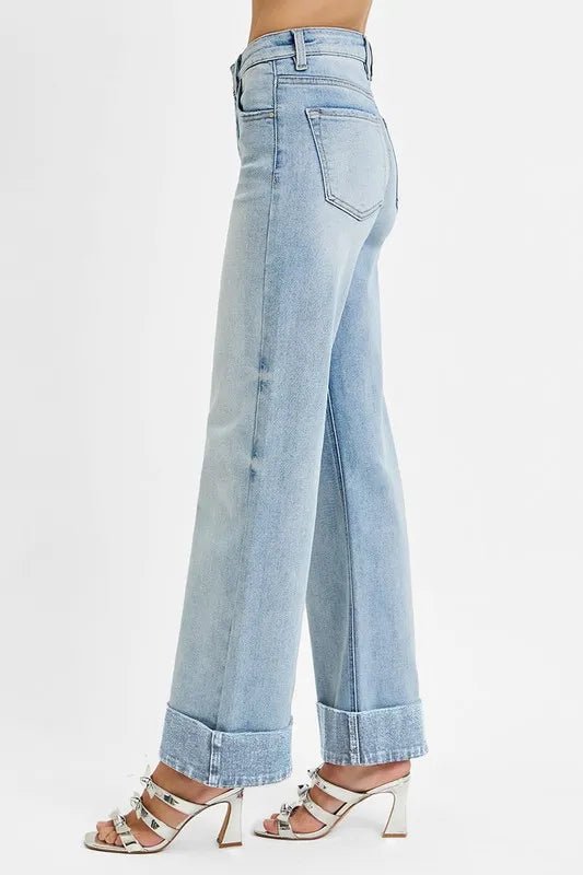RISEN Plus Size High Rise Tummy Control Ankle Wide Cuffed Jeans - AMVIM