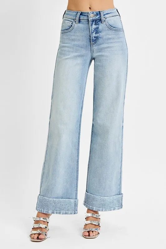 RISEN Plus Size High Rise Tummy Control Ankle Wide Cuffed Jeans - AMVIM