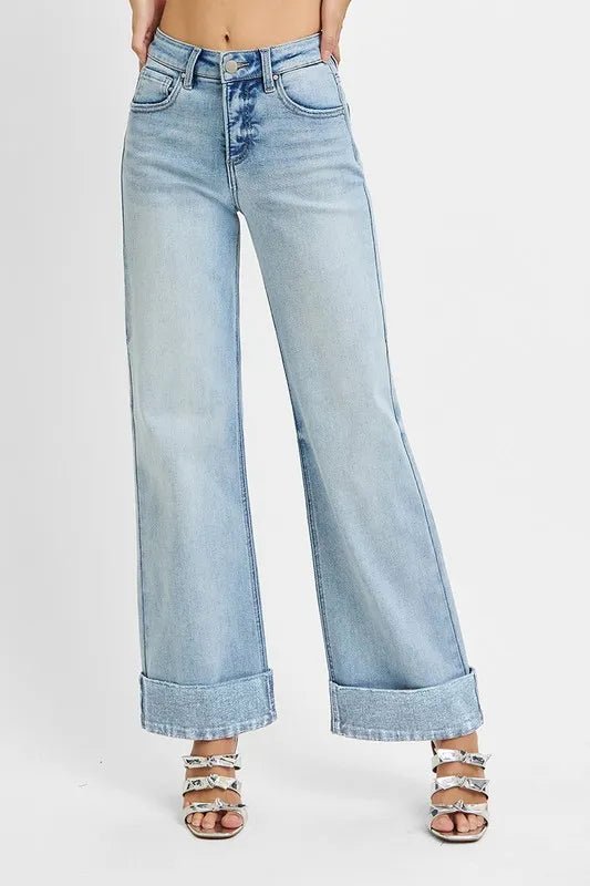 RISEN Plus Size High Rise Tummy Control Ankle Wide Cuffed Jeans - AMVIM