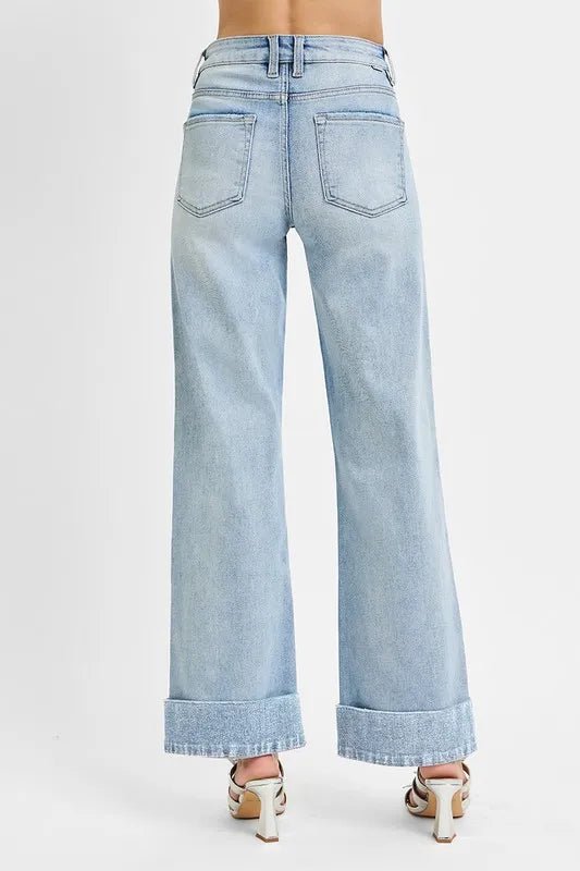 RISEN Plus Size High Rise Tummy Control Ankle Wide Cuffed Jeans - AMVIM