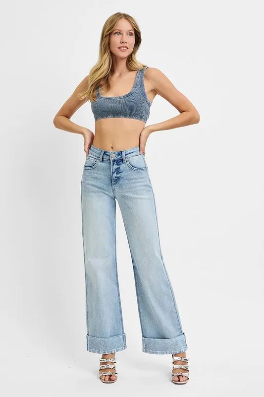 RISEN Plus Size High Rise Tummy Control Ankle Wide Cuffed Jeans - AMVIM