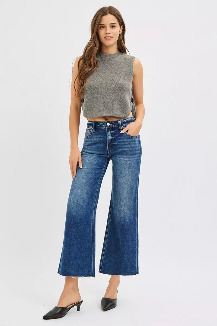 RISEN Plus Size Mid Rise Crop Wide Raw Hem Jeans - AMVIM