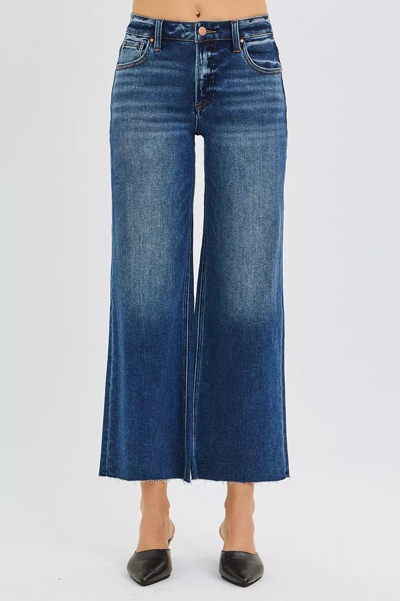 RISEN Plus Size Mid Rise Crop Wide Raw Hem Jeans - AMVIM