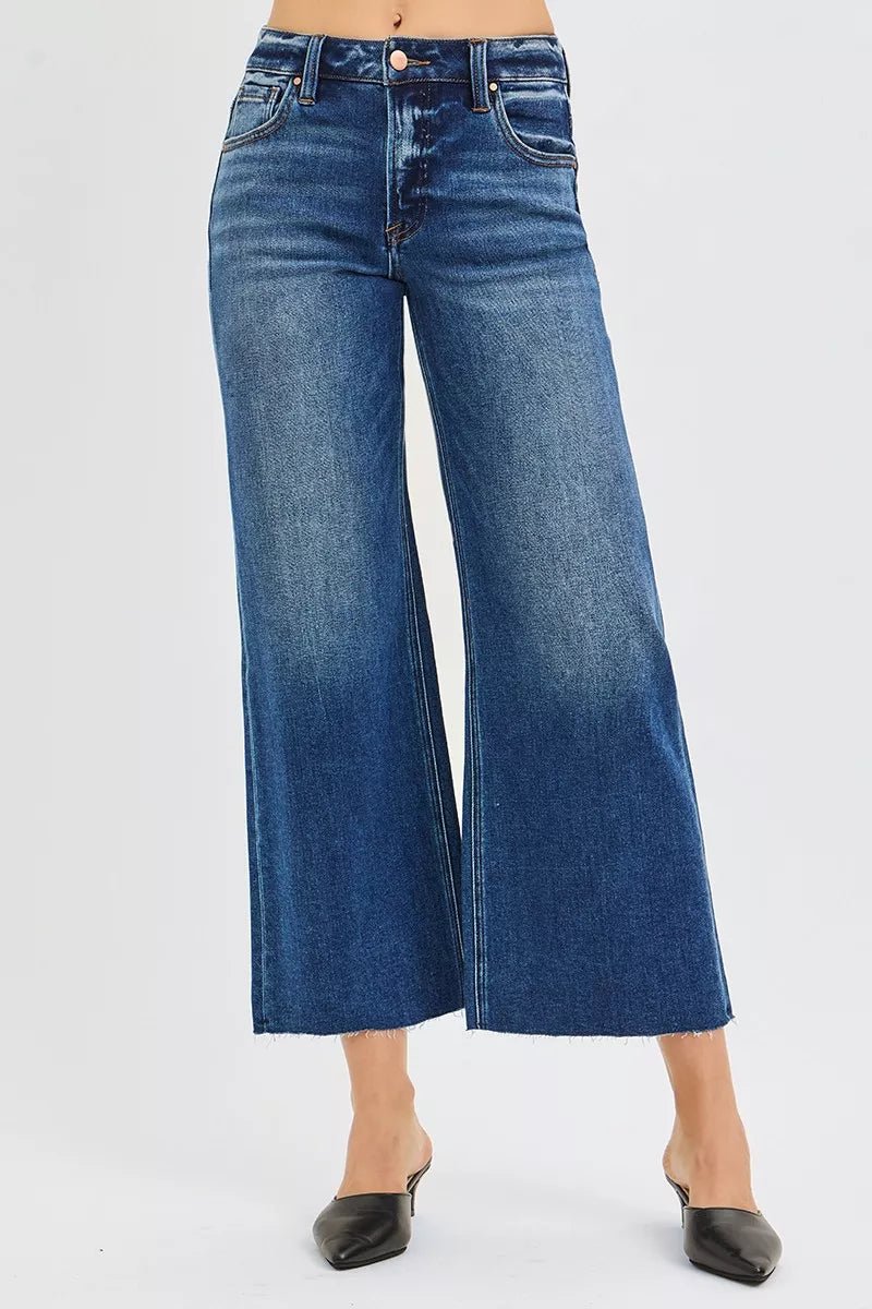 RISEN Plus Size Mid Rise Crop Wide Raw Hem Jeans - AMVIM