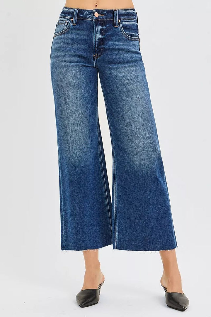 RISEN Plus Size Mid Rise Crop Wide Raw Hem Jeans - AMVIM