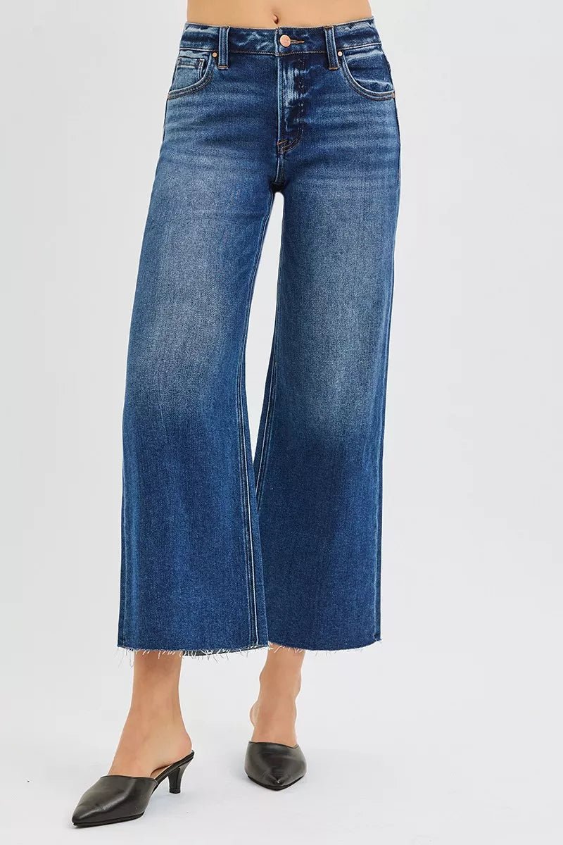 RISEN Plus Size Mid Rise Crop Wide Raw Hem Jeans - AMVIM