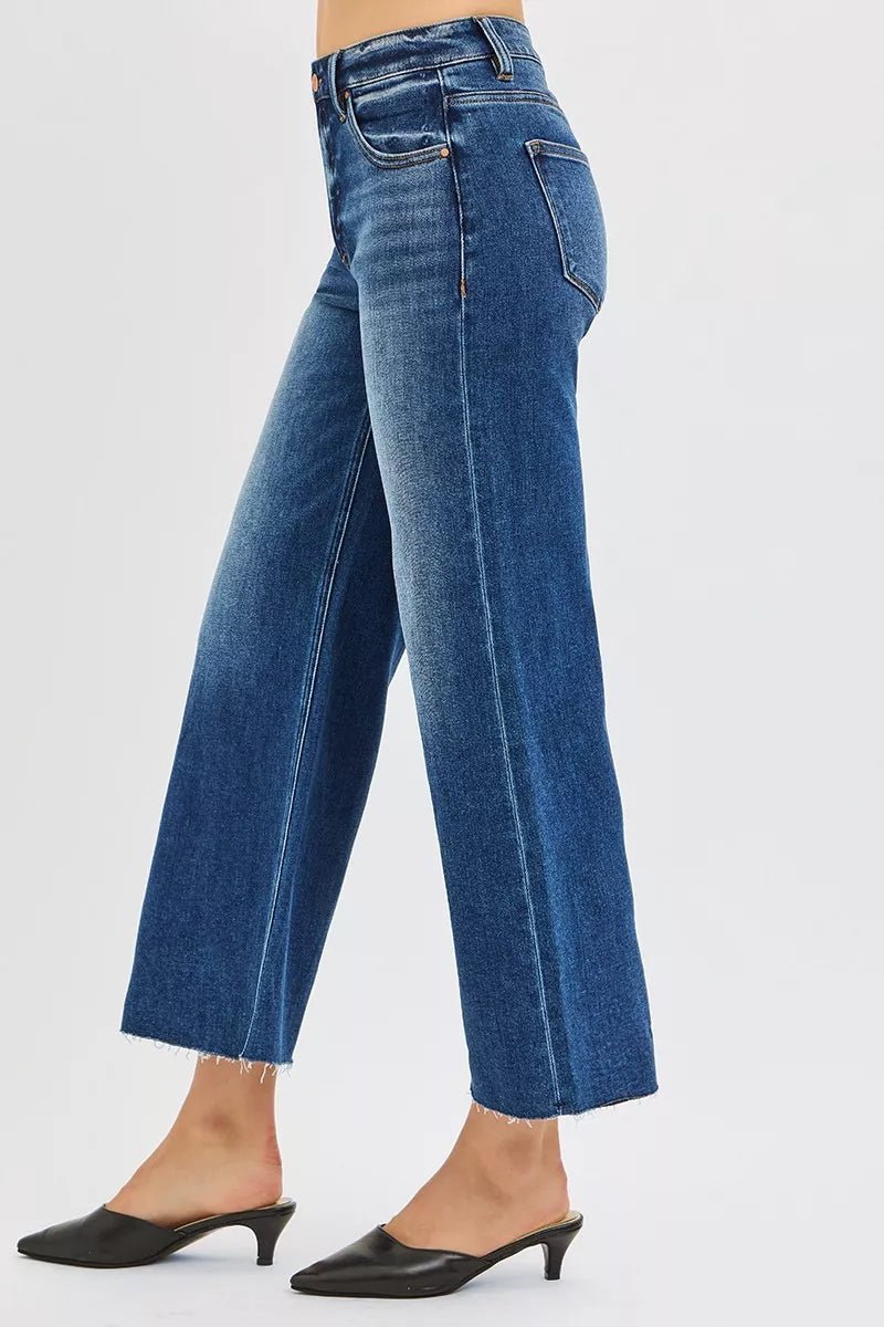 RISEN Plus Size Mid Rise Crop Wide Raw Hem Jeans - AMVIM