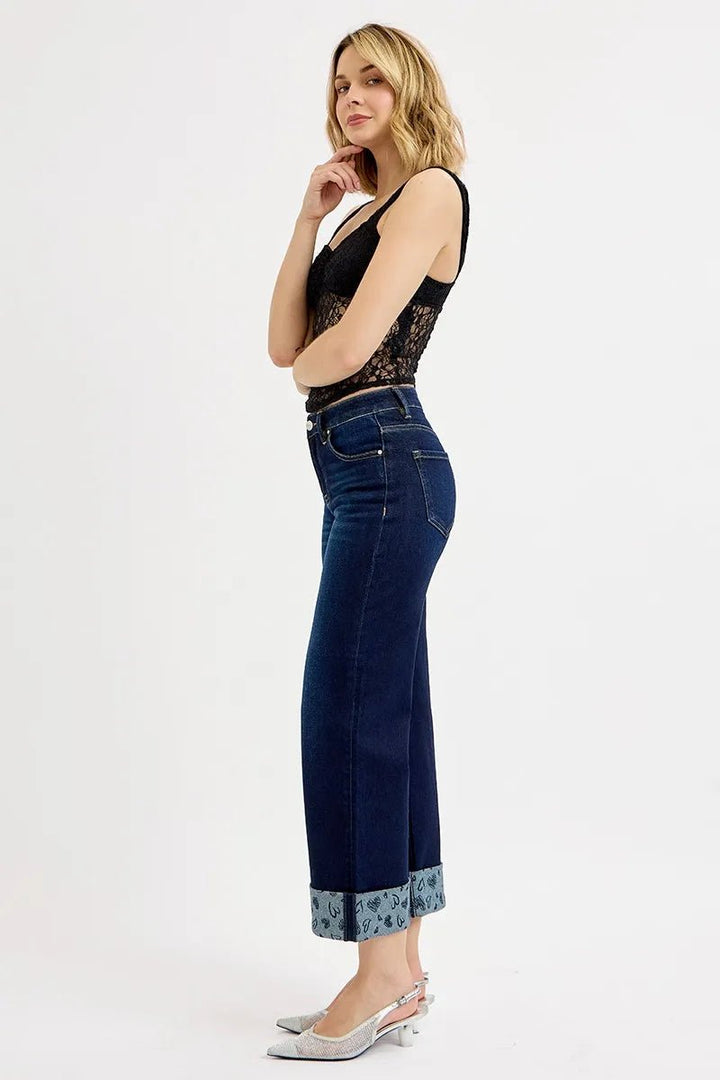 RISEN Plus Size Mid Rise Fit Crop Wide Leg Jeans with Printed Cuff - AMVIM