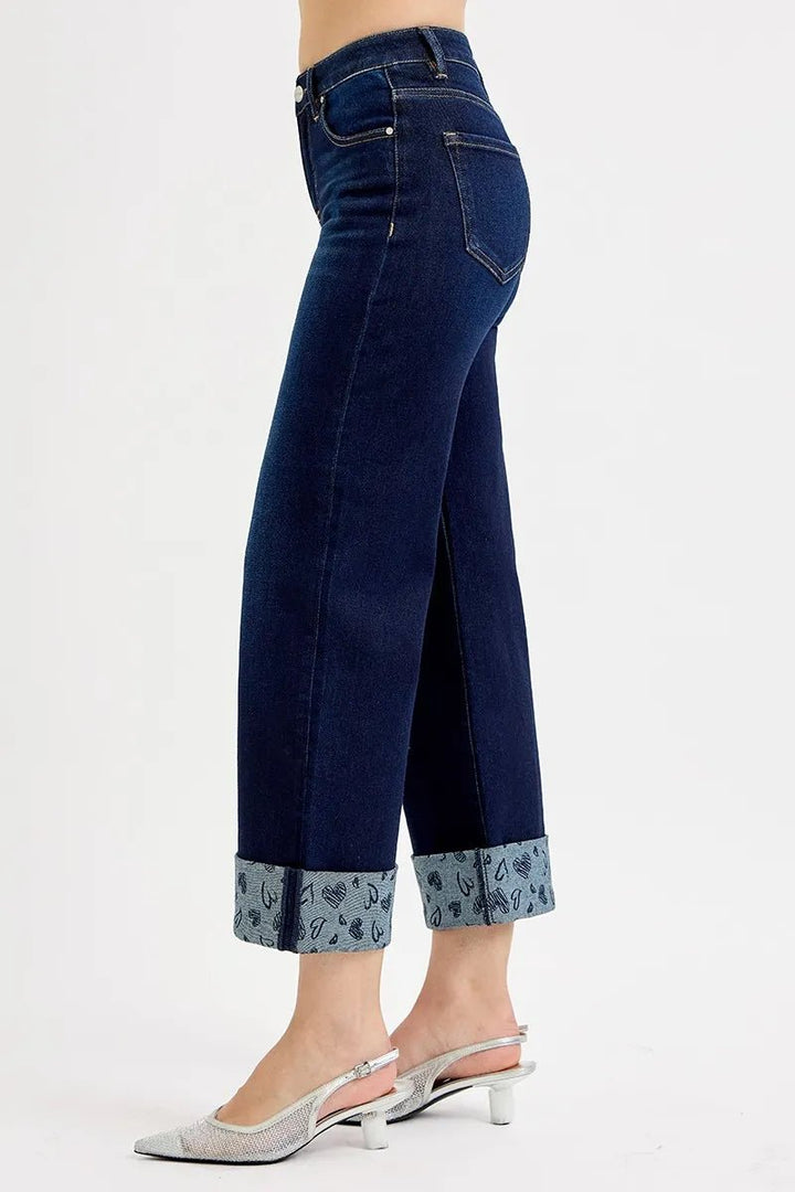 RISEN Plus Size Mid Rise Fit Crop Wide Leg Jeans with Printed Cuff - AMVIM