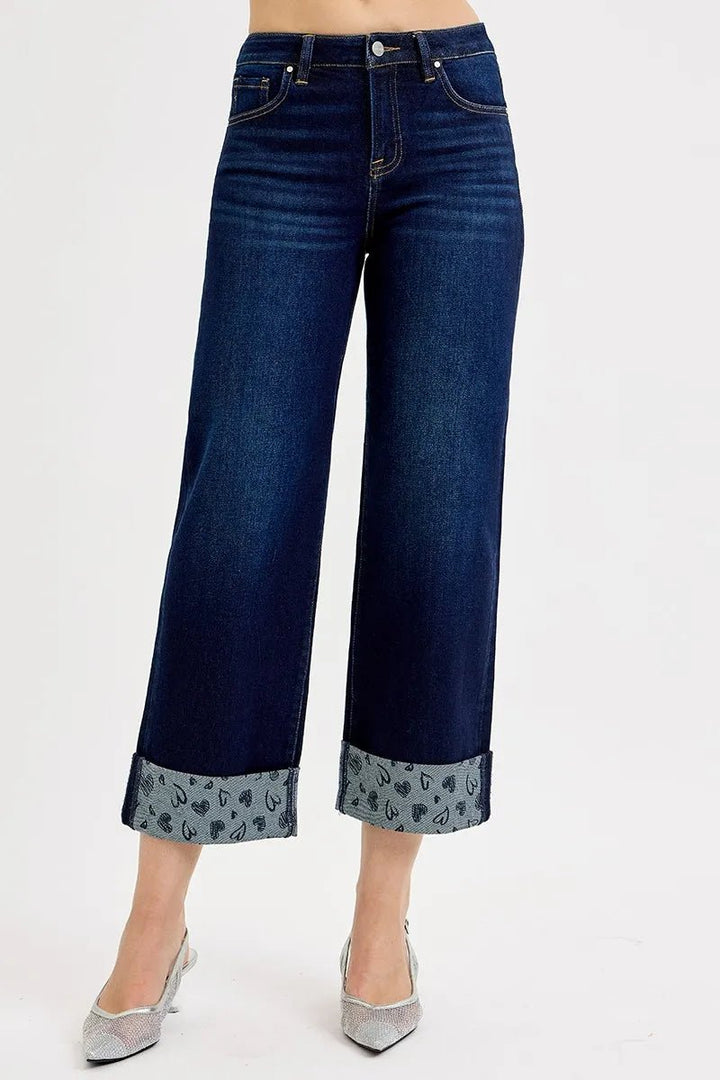 RISEN Plus Size Mid Rise Fit Crop Wide Leg Jeans with Printed Cuff - AMVIM