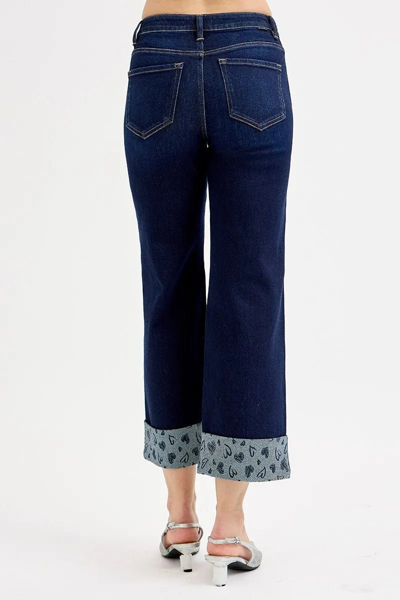 RISEN Plus Size Mid Rise Fit Crop Wide Leg Jeans with Printed Cuff - AMVIM