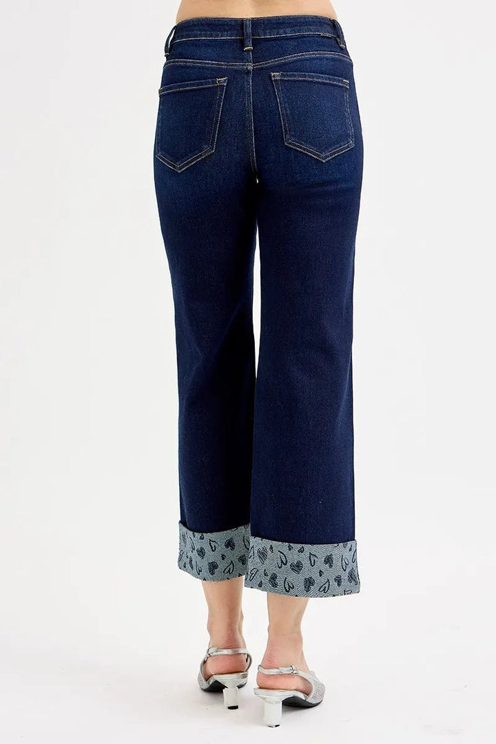 RISEN Plus Size Mid Rise Fit Crop Wide Leg Jeans with Printed Cuff - AMVIM