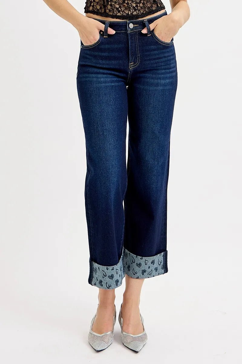 RISEN Plus Size Mid Rise Fit Crop Wide Leg Jeans with Printed Cuff - AMVIM