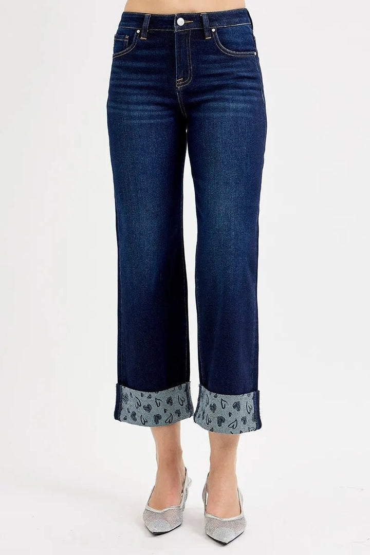 RISEN Plus Size Mid Rise Fit Crop Wide Leg Jeans with Printed Cuff - AMVIM