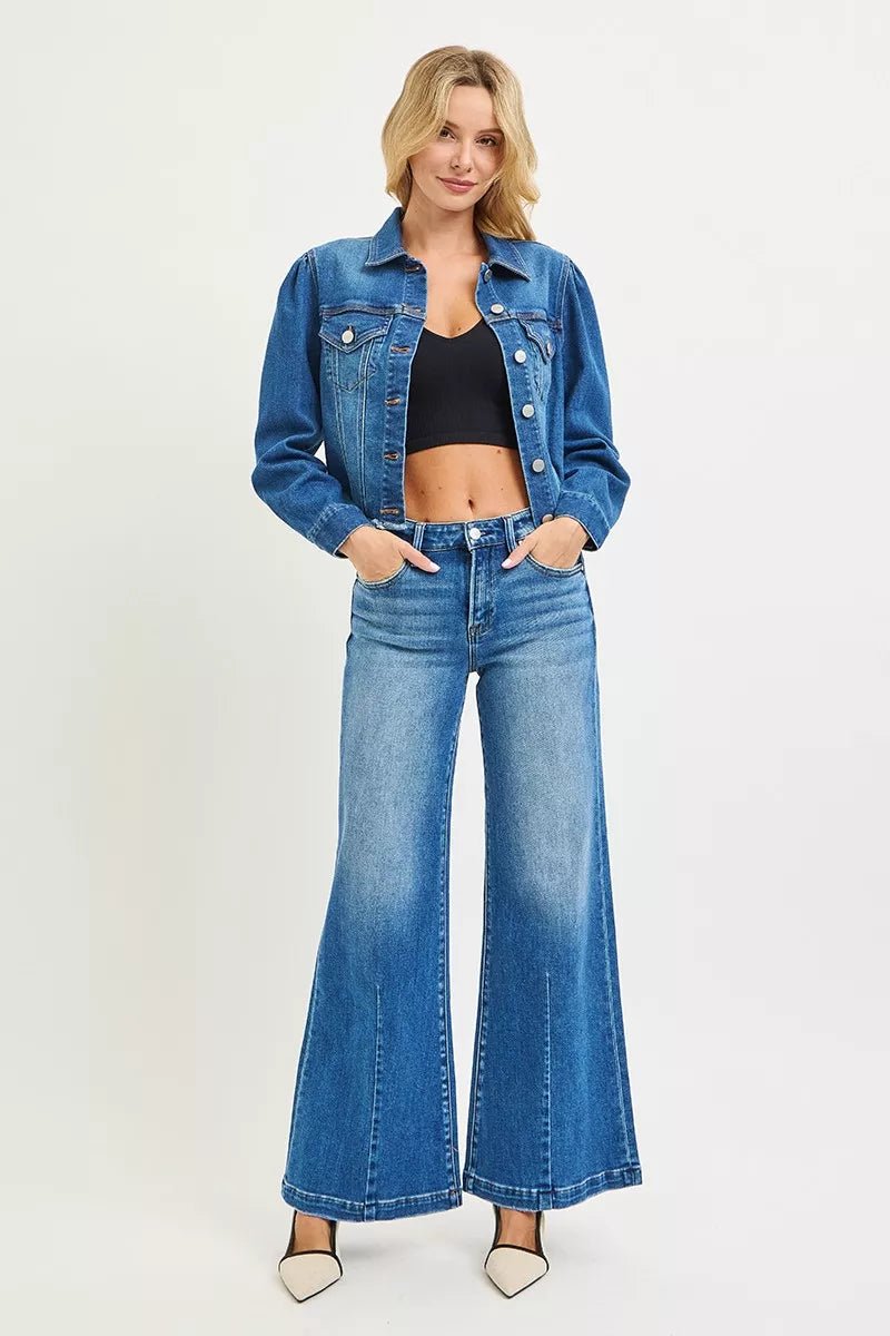 RISEN Plus Size Mid Rise Wide Leg Flare Jeans - AMVIM