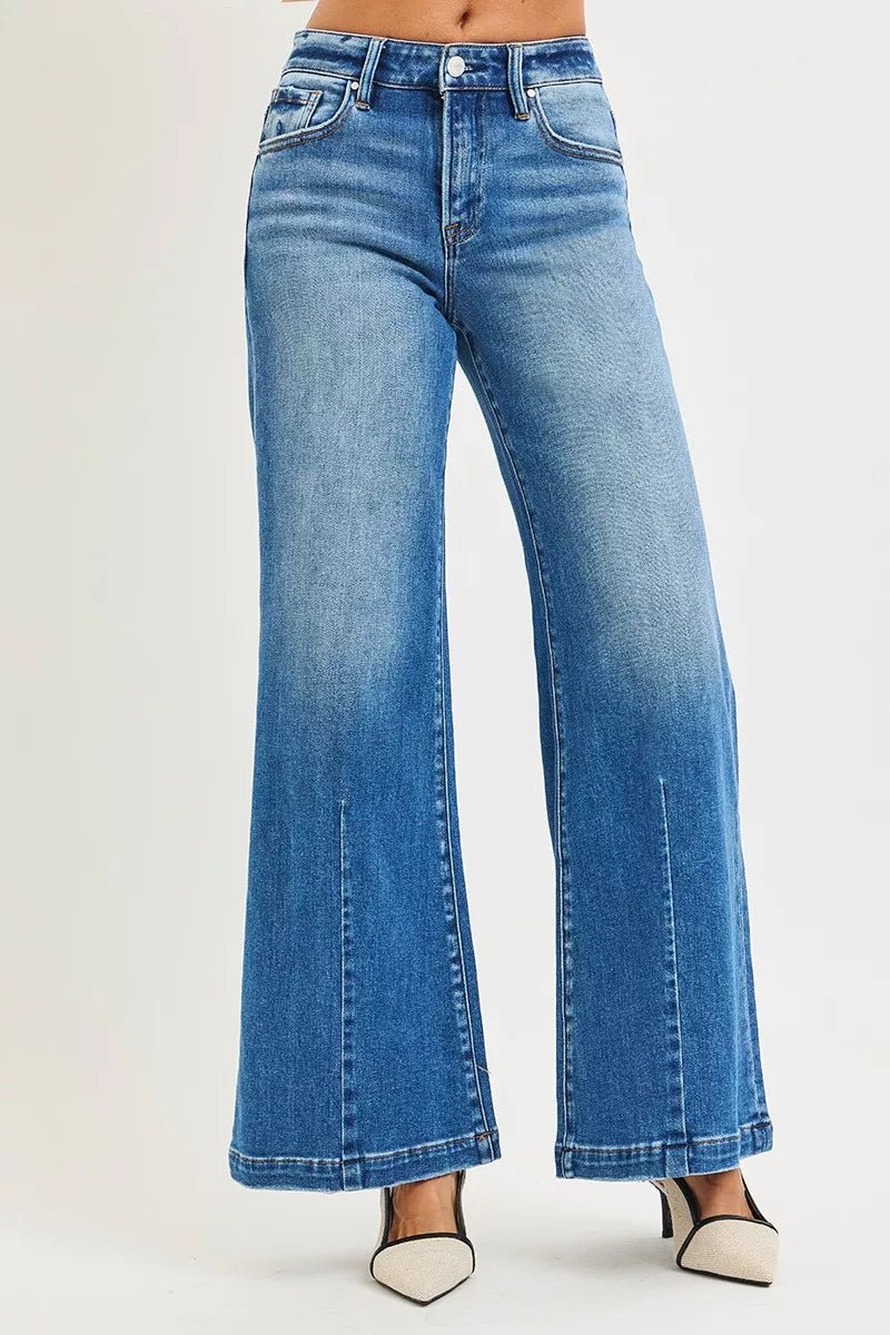 RISEN Plus Size Mid Rise Wide Leg Flare Jeans - AMVIM