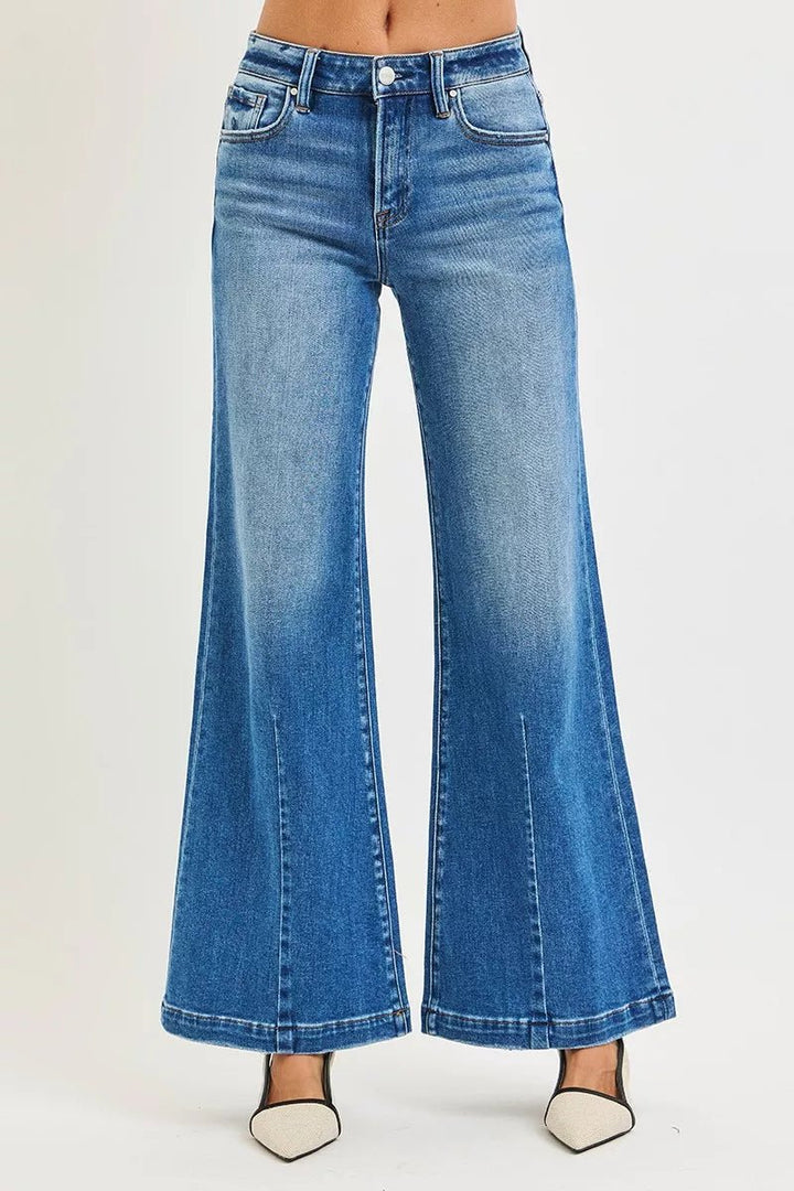 RISEN Plus Size Mid Rise Wide Leg Flare Jeans - AMVIM