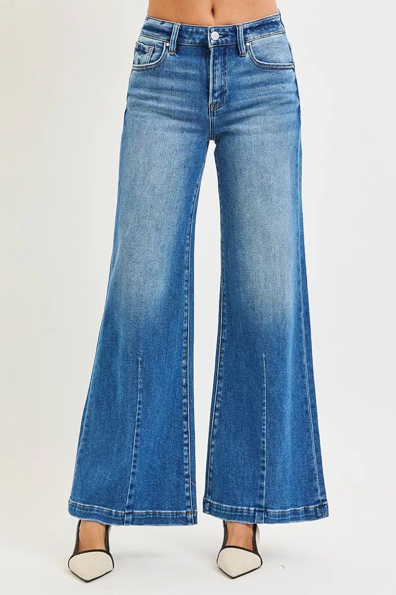 RISEN Plus Size Mid Rise Wide Leg Flare Jeans - AMVIM