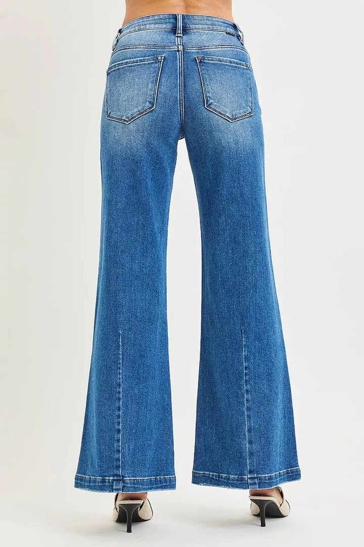 RISEN Plus Size Mid Rise Wide Leg Flare Jeans - AMVIM