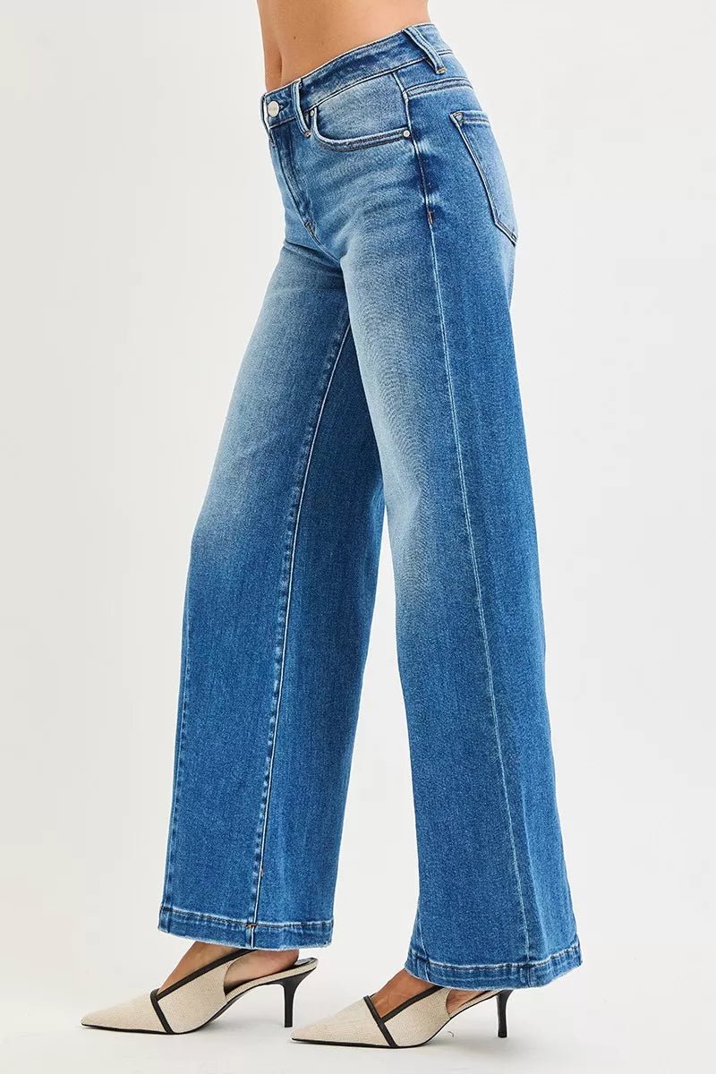 RISEN Plus Size Mid Rise Wide Leg Flare Jeans - AMVIM