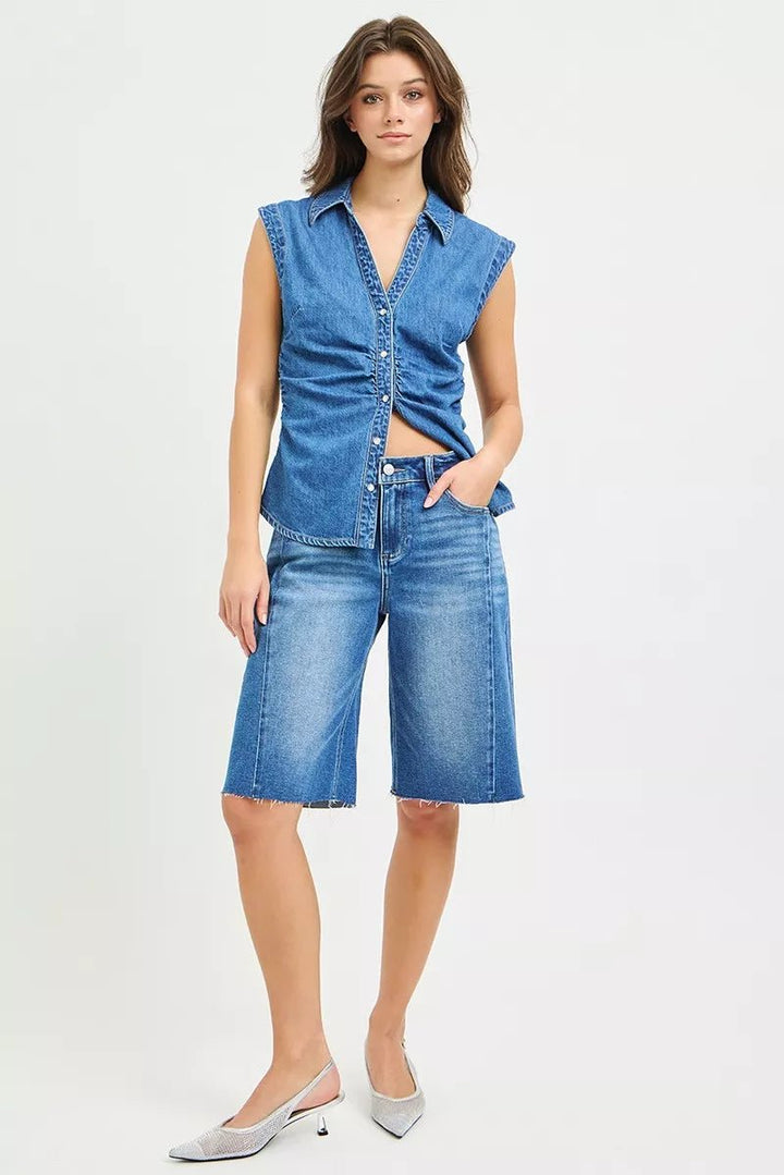 RISEN Raw Hem Slouchy Seamed Denim Shorts - AMVIM