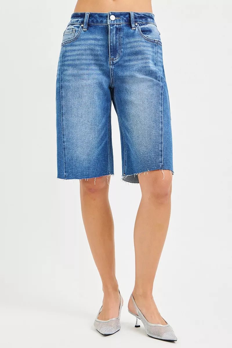 RISEN Raw Hem Slouchy Seamed Denim Shorts - AMVIM
