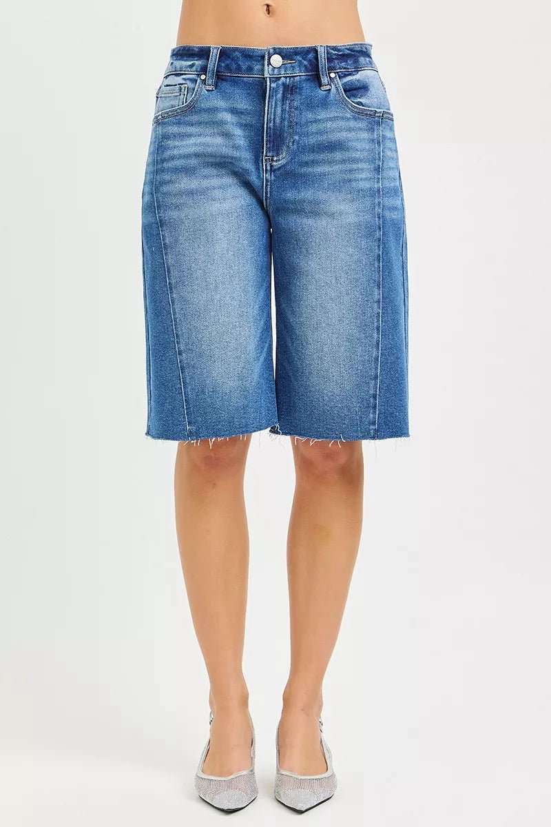 RISEN Raw Hem Slouchy Seamed Denim Shorts - AMVIM