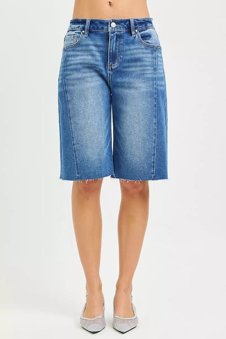 RISEN Raw Hem Slouchy Seamed Denim Shorts - AMVIM