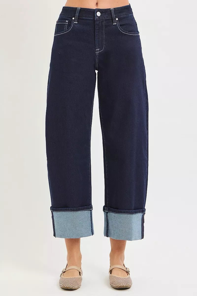RISEN Slouchy Crop Barrel Cuffed Hem Jeans - AMVIM