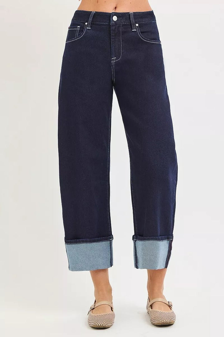 RISEN Slouchy Crop Barrel Cuffed Hem Jeans - AMVIM