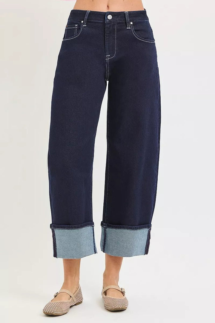 RISEN Slouchy Crop Barrel Cuffed Hem Jeans - AMVIM