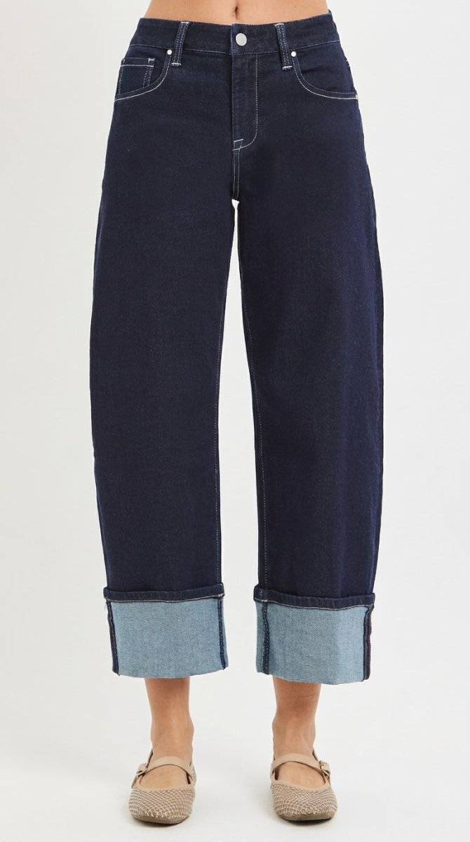 RISEN Slouchy Crop Barrel Cuffed Hem Jeans - AMVIM