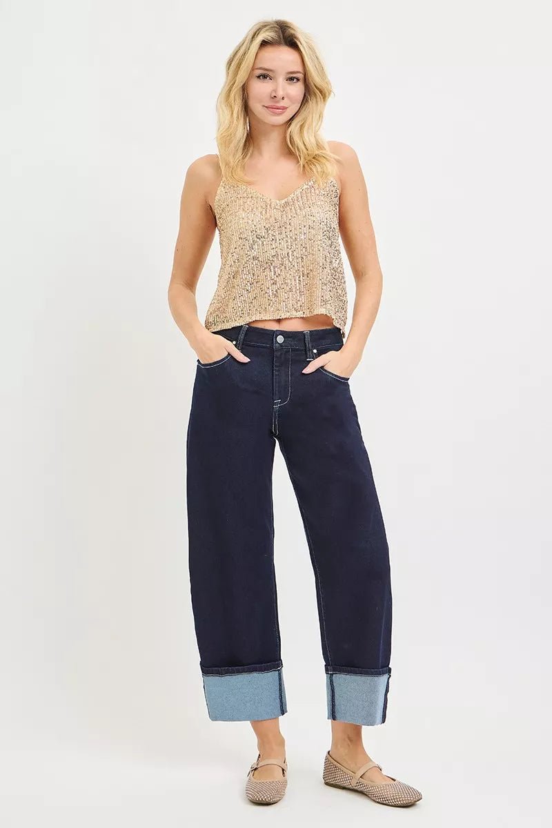 RISEN Slouchy Crop Barrel Cuffed Hem Jeans - AMVIM