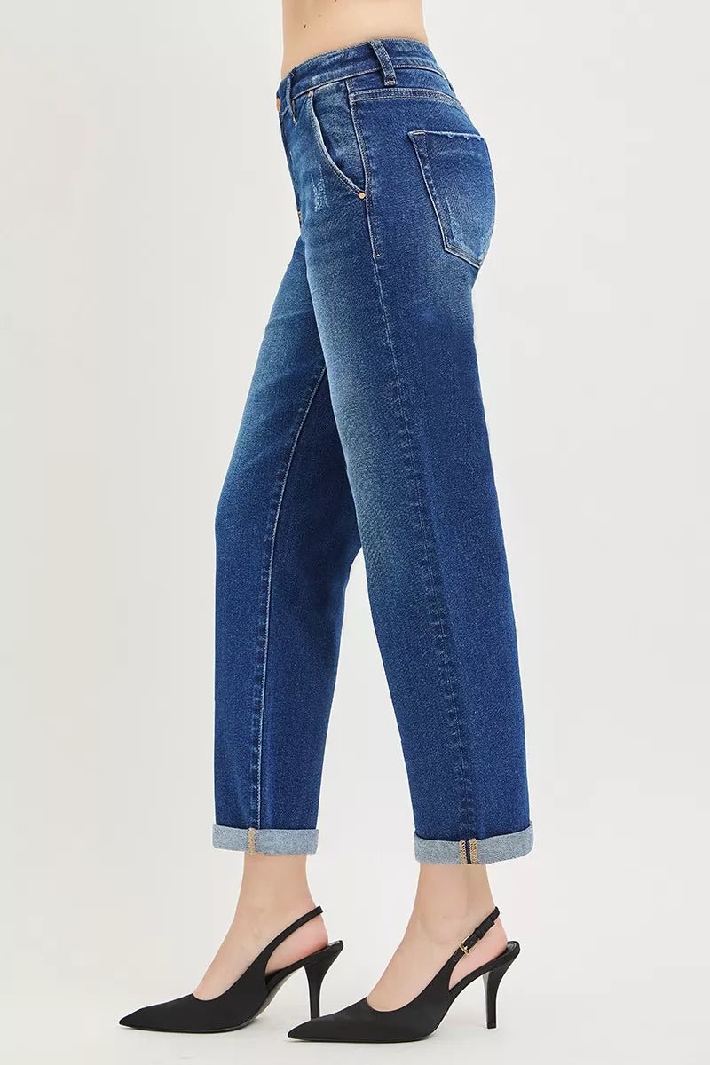 RISEN Slouchy Cropped Boyfriend Jeans with Cuffed Hem - AMVIM