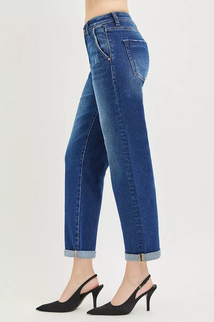 RISEN Slouchy Cropped Boyfriend Jeans with Cuffed Hem - AMVIM