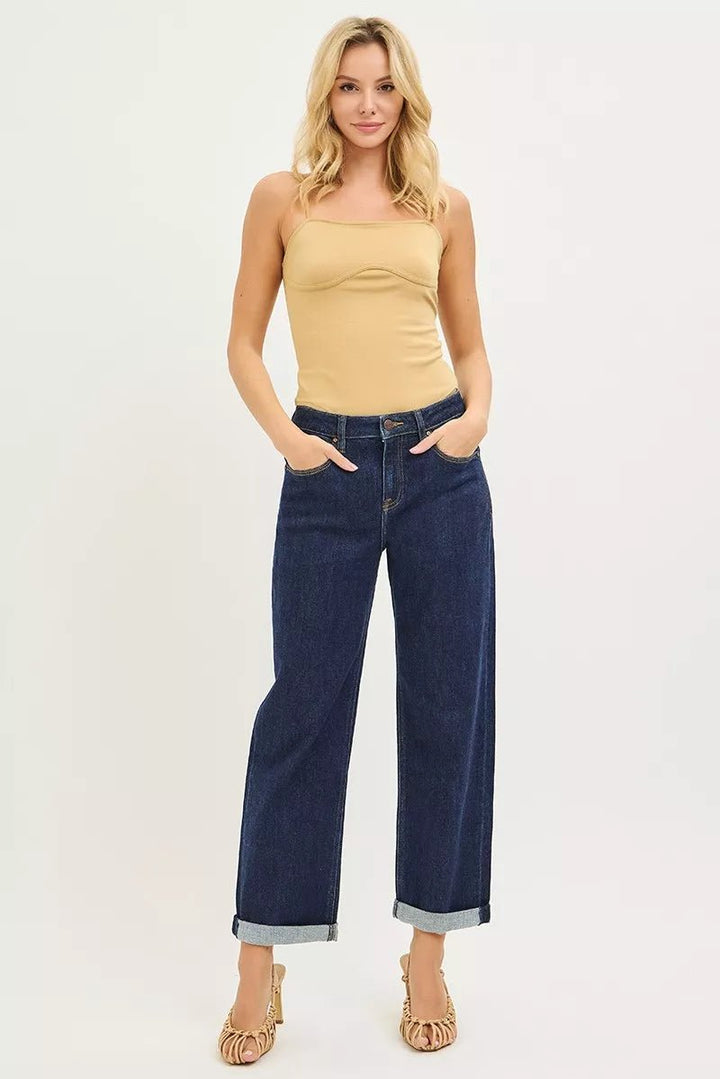 RISEN Slouchy Cropped Boyfriend Jeans with Cuffed Hem - AMVIM