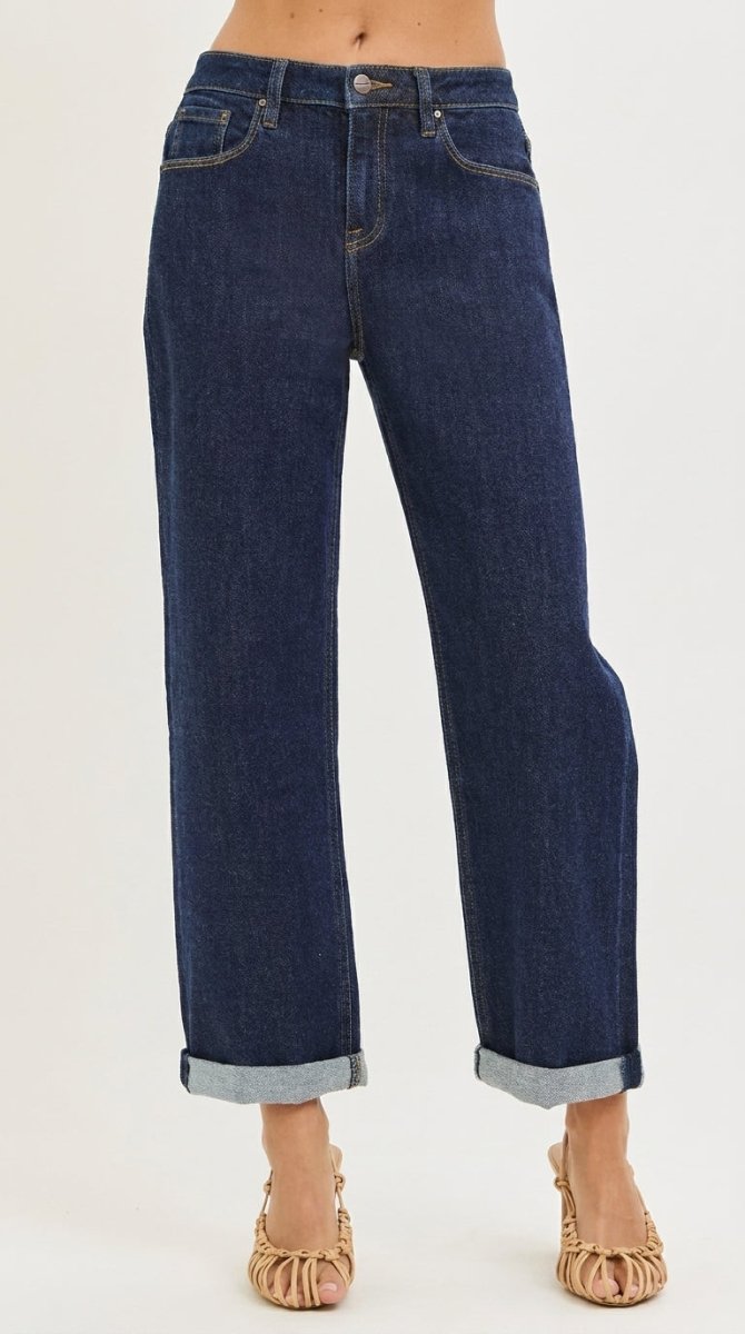 RISEN Slouchy Cropped Boyfriend Jeans with Cuffed Hem - AMVIM